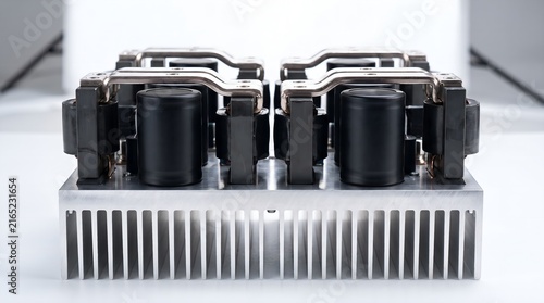 Close up of bidirectional vehicle to grid v2g power inverter conversion stack with aluminum heatsink in smart charging station