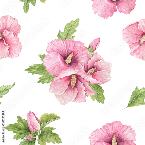 Seamless watercolor pattern with pink hibiscus flowers, buds and green leaves in scattered arrangements, an illustration for stationery, wrapping, cards, invitations and summer decor.