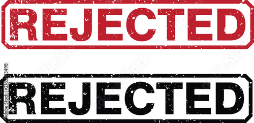 Grunge rejected rubber stamp set, red and black distressed ink seals, 2 vector icons for business denial and refusal