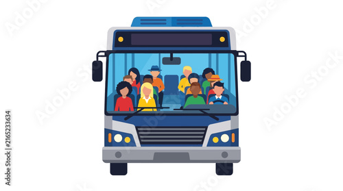 Front view of a city bus transporting diverse group of passengers on public transit