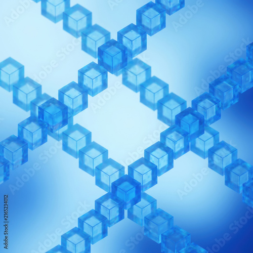 Pixel cubes forming geometric background with blue transparent cubes crossing each other in futuristic abstract design