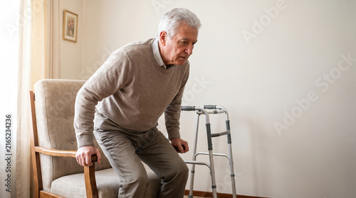 Elderly man rising from armchair with walker nearby in bright room showing effort and focus