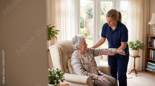 Elderly woman receiving shoulder exercise assistance from caregiver in cozy living room with natural light