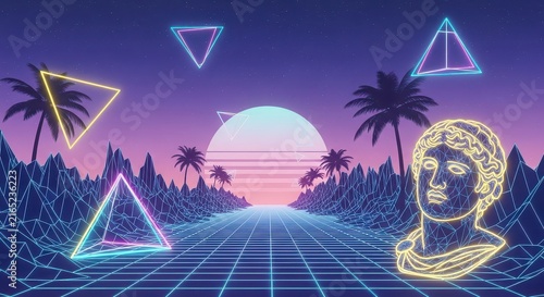 Vibrant retro-futuristic sunset scene with geometric shapes and Greek statue.