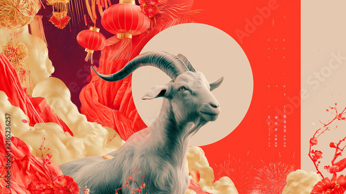 Majestic white goat in front of a large white circle and red lanterns