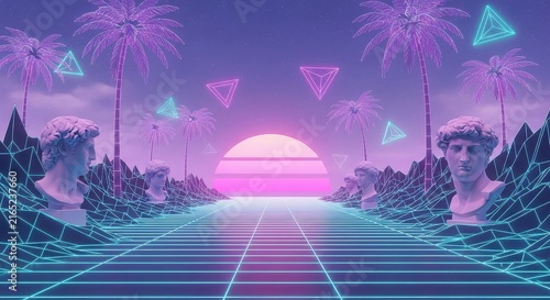 Vibrant sunset over a grid-lined tropical island with statues and geometric.