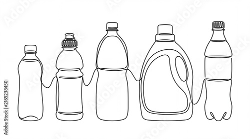 Multiple plastic bottles depicted in a continuous line art drawing style shown on white background