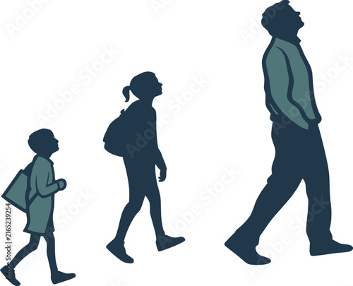 Silhouette of a father walking with his two young children looking upward isolated on white