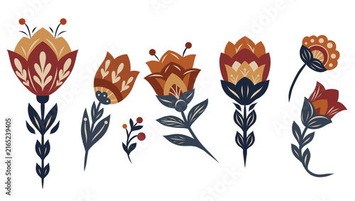 Vector set of flowers clip arts in folk art style. Collection of tracery blooming floral illustration