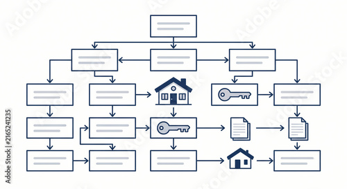 Flat vector decision tree flowchart for real estate inheritance and property contract process with house