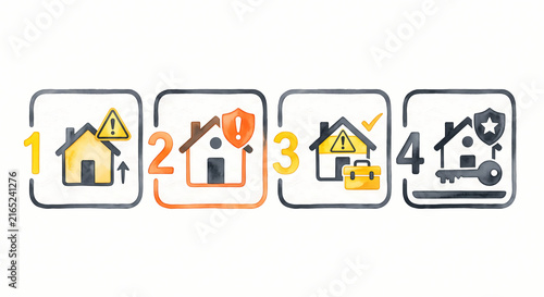 Watercolor 4-step linear process diagram for home security upgrade and vacant property safety management