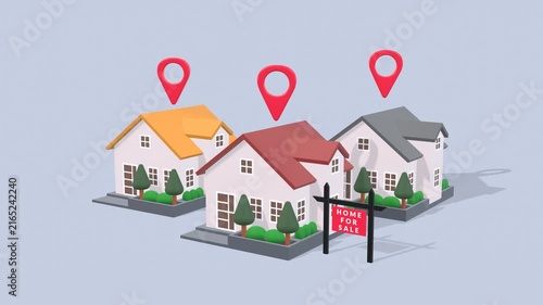 House for sale and real estate property selling concept animation representing home ownership, property investment, housing market, residential sales, and real estate business.