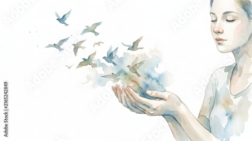 Watercolor illustration of a young woman releasing a flock of birds from her open hands for peace