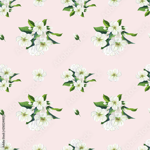 A seamless pattern with white flowers on a pale pink background, a watercolor illustration for packaging, tableware, textiles, and greeting cards