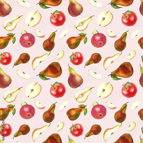 A seamless watercolor pattern featuring pears and apples, an illustration for packaging, tableware, textiles, and greeting cards