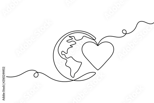 Globe heart continuous line art depicting planet earth combined with a heart shape and editable stroke on white background vector.