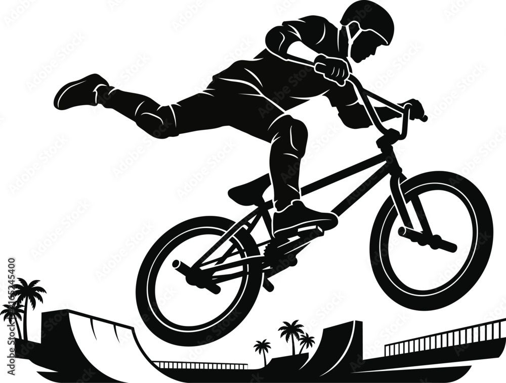 Fototapeta premium Dynamic BMX rider silhouette performing an extreme stunt jump over skatepark ramps with palm trees, concept for urban action sports excitement, ideal for event posters and merchandise design
