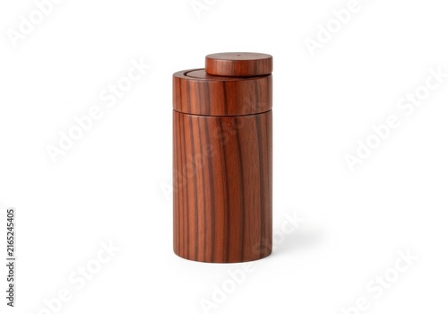 Cylindrical wood storage canister with lid on white