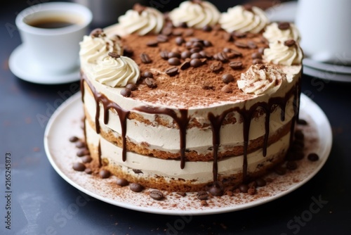 Layered tiramisu cake with dripping chocolate and coffee beans sitting on a plate
