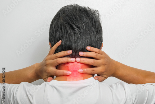 Neck pain showing a middle-aged man holding the back of his neck due to discomfort for specialized medical treatment illustration.