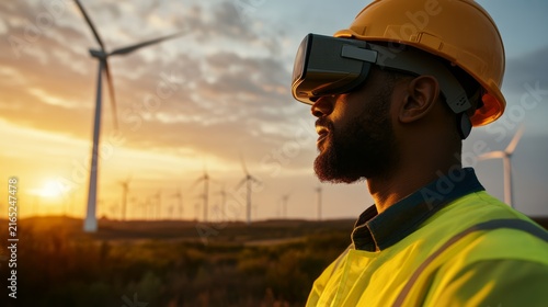 Man in safety gear using vr headset at wind farm during sunset exploring renewable energy technology