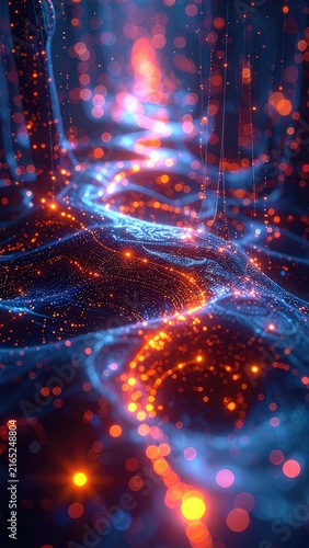 Abstract digital landscape of glowing blue and orange particles.