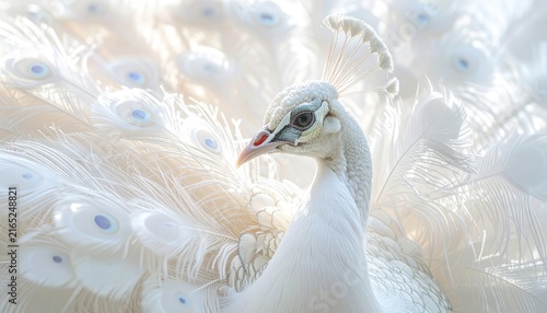 A stunning albino peacock displays its elegant white feathers and intricate plumage.