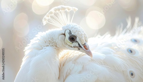 A striking close-up portrait of a magnificent white peacock.
