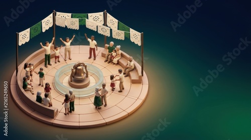 People celebrating Mexico Independence Day around a fountain with banners