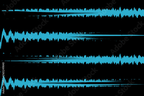 Abstract bright blue audio soundwave spectrum lines with minimalist digital frequency wavelength graph on black background