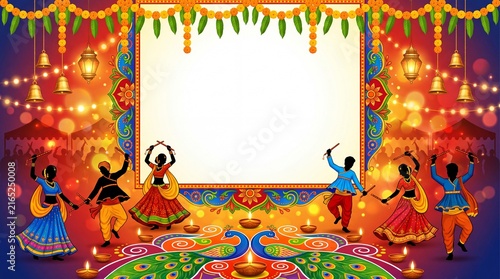 Traditional indian folk dance silhouette featuring men and women performing the energetic garba and dandiya raas movements with sticks during the vibrant navratri festival