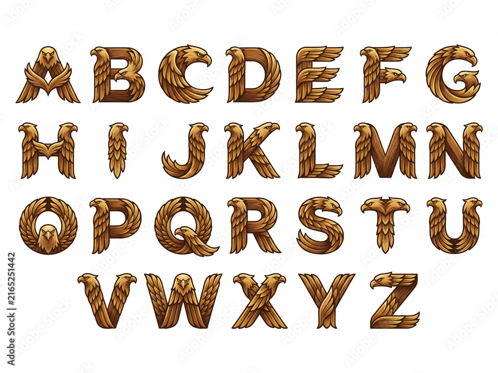Naklejka premium Eagle Alphabet Letters with Golden Feathers and Bird Heads