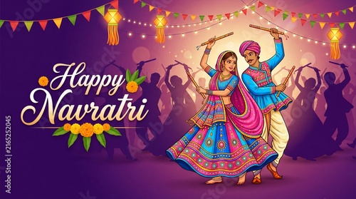 Happy Indian couple performing traditional garba dance on navratri festival celebration night with ethnic clothing and colorful folk background