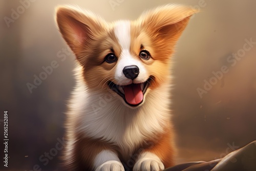 Corgi puppy dog smiling with tongue out, looking directly at viewers