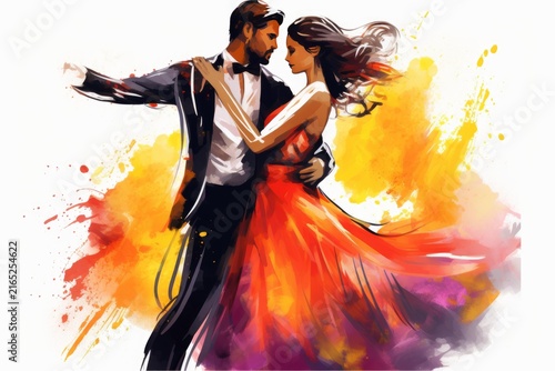 Elegant couple dancing closely with fluid watercolor splashes representing motion and emotion