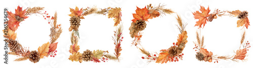 Watercolor autumn frames and wreaths collection of maple leaves, pinecones, acorns, red berries and wheathand painted seasonal borders and decorative accents on white background