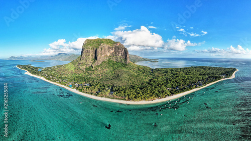 Mauritius. Le Morne Brabant mountain and coral lagoon beautiful sea view from above.