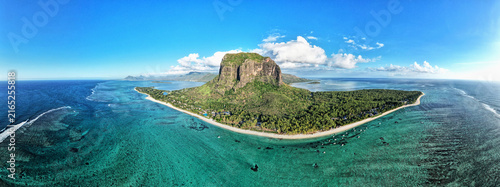 Mauritius. Le Morne Brabant mountain and coral lagoon beautiful sea view from above.