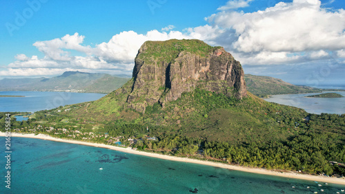 Mauritius. Le Morne Brabant mountain and coral lagoon beautiful sea view from above.