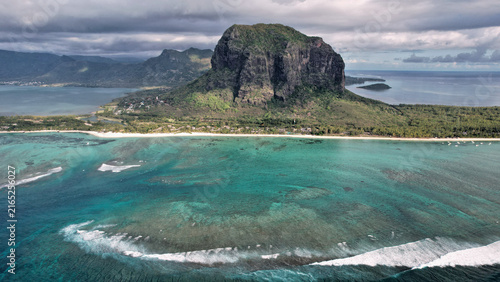 Mauritius. Le Morne Brabant mountain and coral lagoon beautiful sea view from above