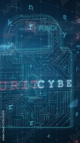 Animation of digital interface with security padlock over dark background