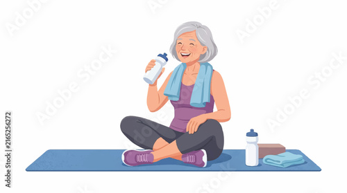 Senior woman practicing meditation on a yoga mat in a peaceful outdoor setting for wellbeing and relaxation.