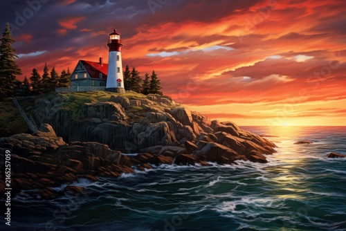 Lighthouse standing on a rocky cliff by the ocean with waves under a dramatic sunset sky