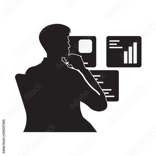Isolated illustration of a silhouette of a man sitting and observing several monitors displaying graphics for business and technology icons.