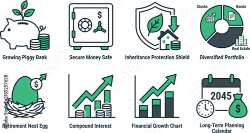 Financial planning icon set, 8 retirement and investment vectors. Compound interest and diversified portfolio graphics for banking.