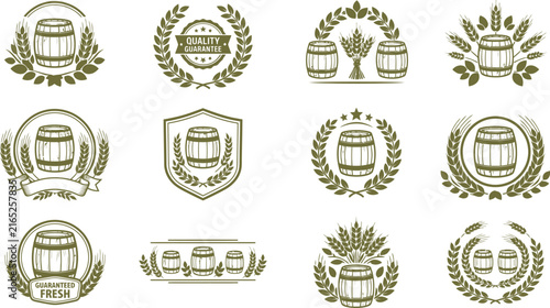 Vintage brewery emblems with wooden barrels and wheat, 12 beer label vector icons, rustic distillery badges for branding