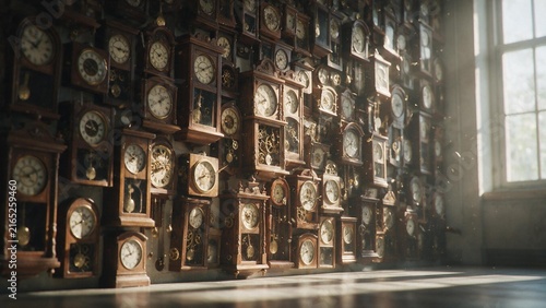 Abundant antique wall clocks hanging inside dimly lit wooden room filled with golden sunlight beams with displays vast collection vintage pendulum clocks mounted dark wooden wall