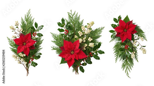 Set of three festive christmas floral arrangements with poinsettia, holly, and berries isolated on transparent background