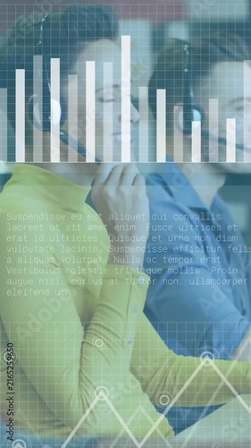 Data processing and analytics animation over diverse customer service representatives working