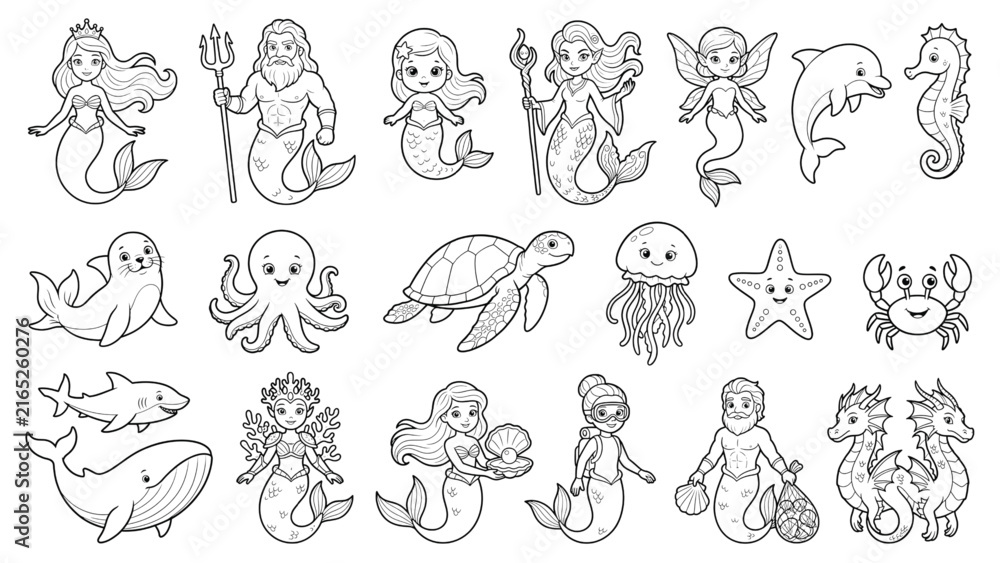 Obraz premium Mermaid Fantasy Coloring Page Ocean Characters and Sea Animals Line Art